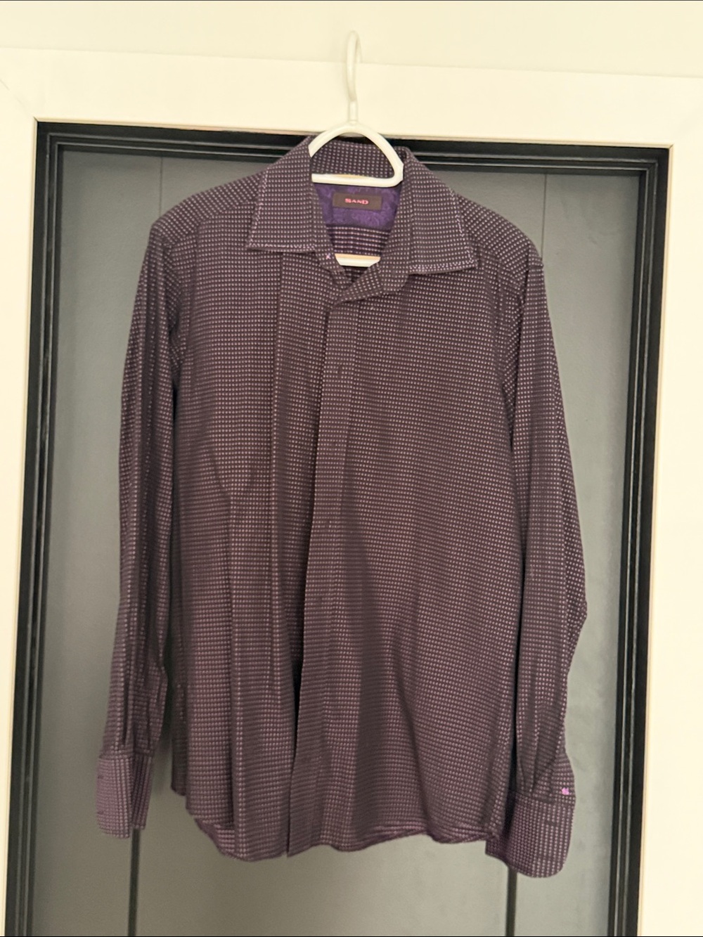SAND Men's Purple Micro-Check Long Sleeve Dress Shirt